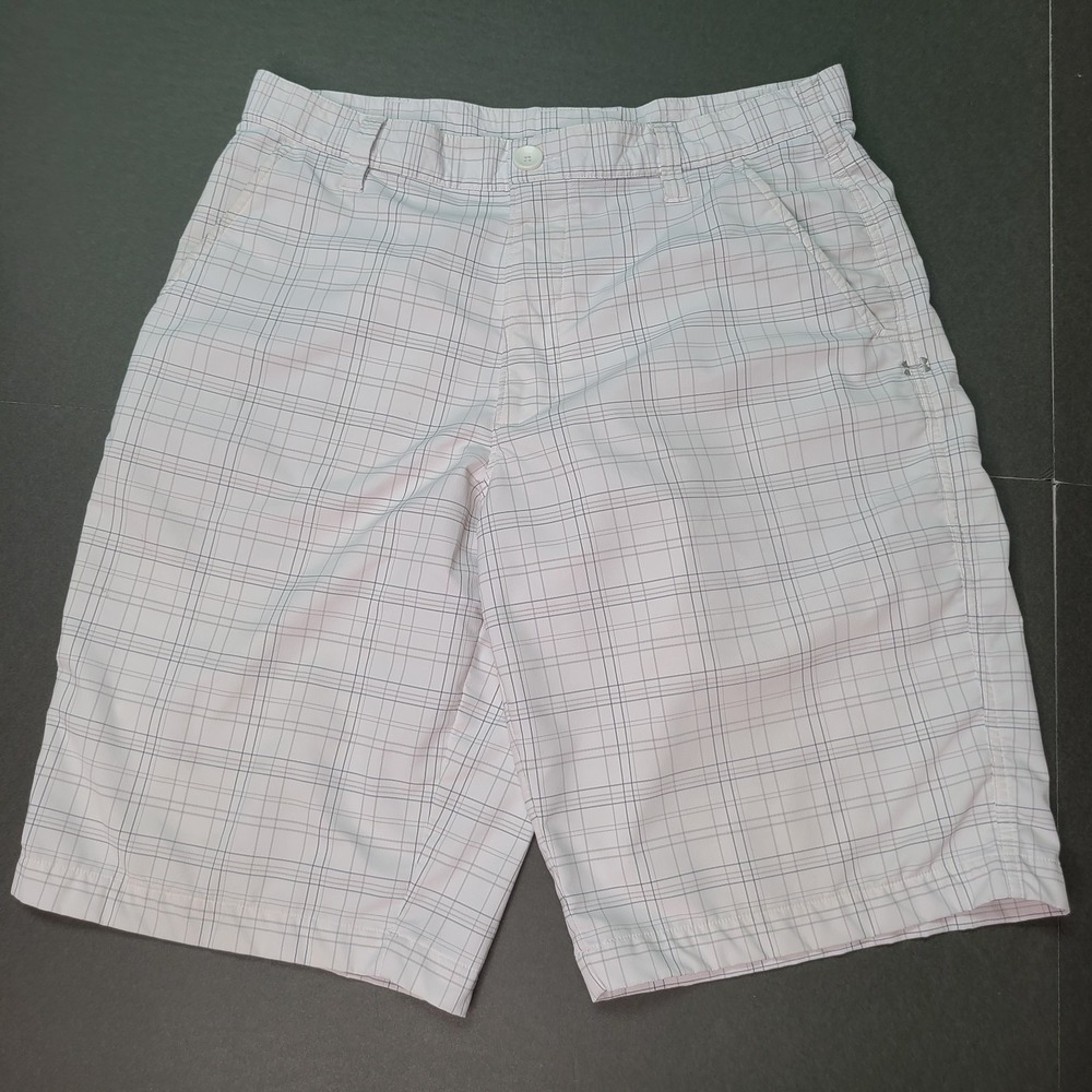 Under Armour Mens Golf Performance Shorts Size 34 White Plaid Flat Front Stretch